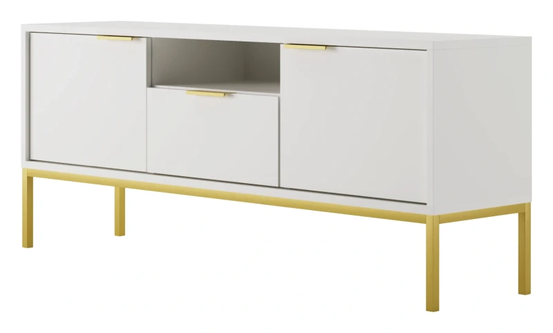 Szafka RTV Austin 135 cm dwudrzwiowa z szufladą do salonu biały/złoty
