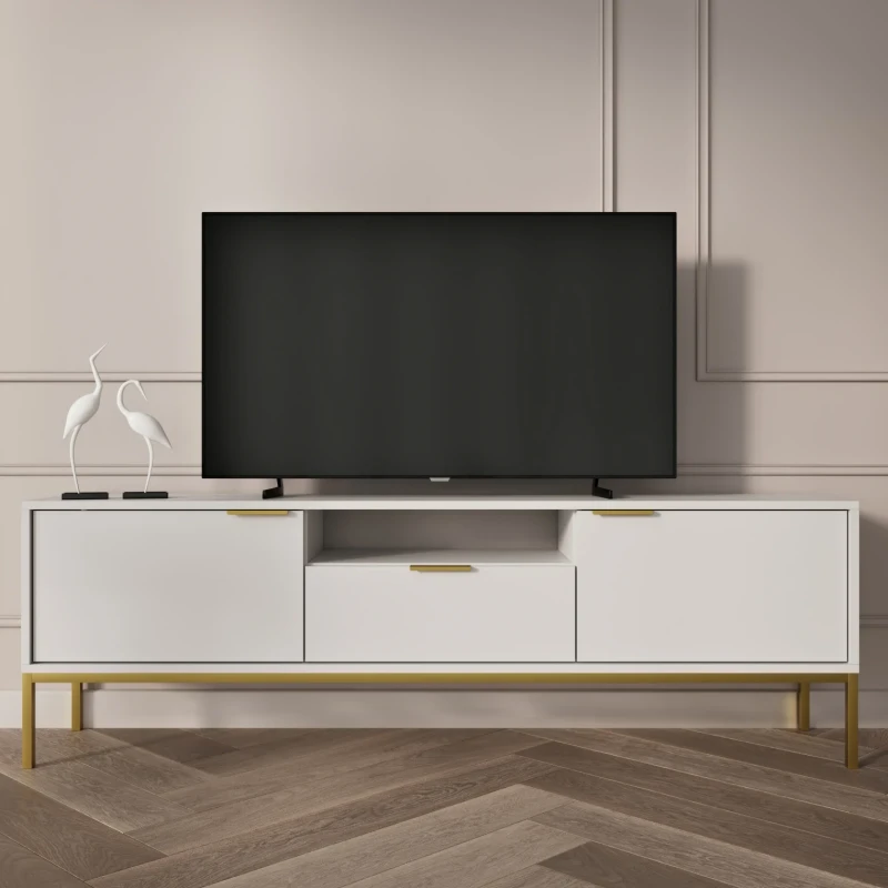 Szafka RTV Austin 135 cm dwudrzwiowa z szufladą do salonu biały/złoty