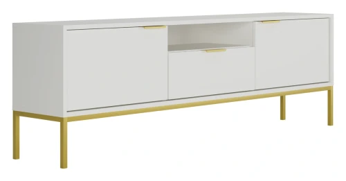 Szafka RTV Austin 175 cm dwudrzwiowa z szufladą do salonu biały/złoty