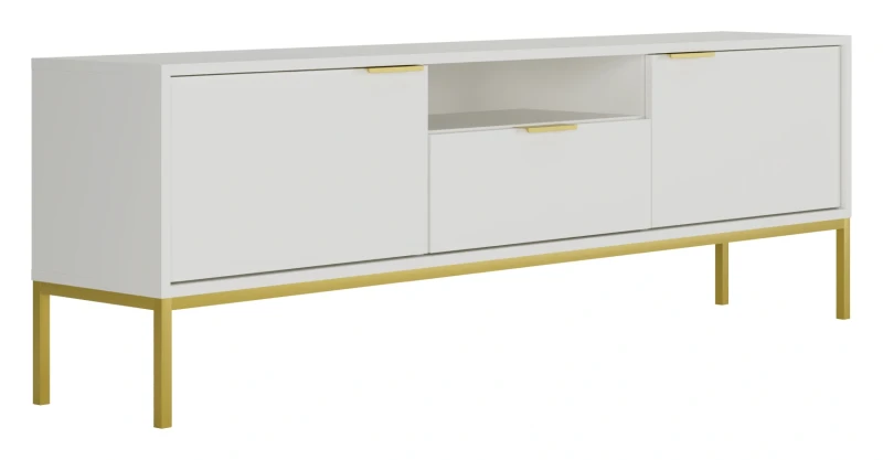 Szafka RTV Austin 175 cm dwudrzwiowa z szufladą do salonu biały/złoty