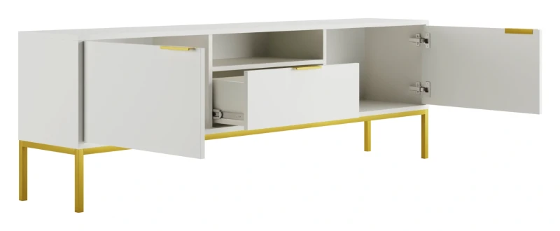 Szafka RTV Austin 175 cm dwudrzwiowa z szufladą do salonu biały/złoty