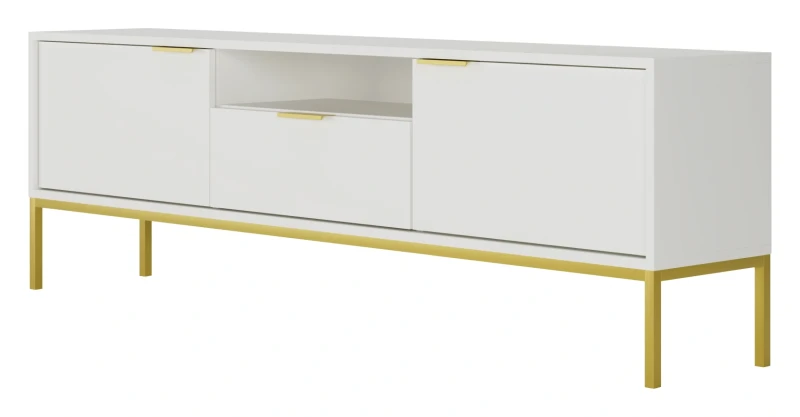 Szafka RTV Austin 175 cm dwudrzwiowa z szufladą do salonu biały/złoty