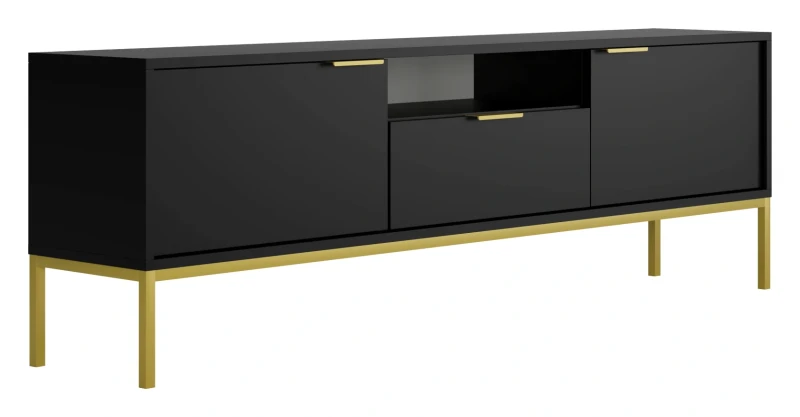 Szafka RTV Austin 175 cm dwudrzwiowa z szufladą do salonu czarny/złoty