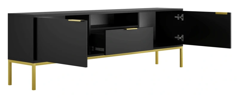 Szafka RTV Austin 175 cm dwudrzwiowa z szufladą do salonu czarny/złoty