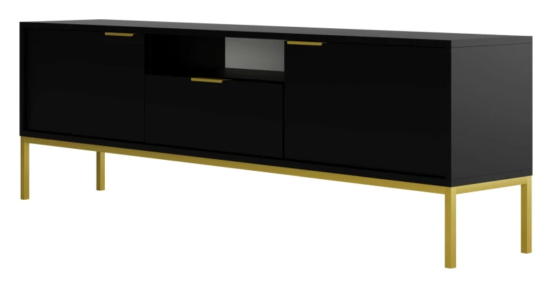 Szafka RTV Austin 175 cm dwudrzwiowa z szufladą do salonu czarny/złoty