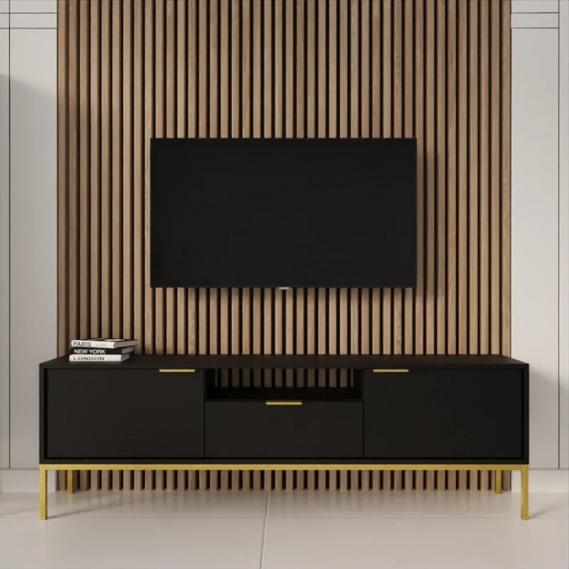 Szafka RTV Austin 175 cm dwudrzwiowa z szufladą do salonu czarny/złoty