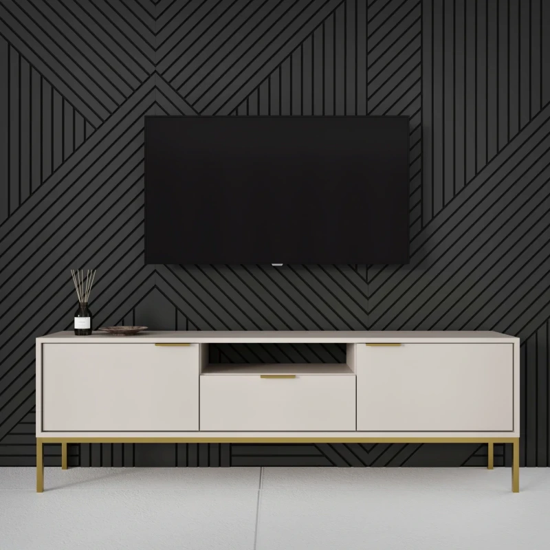 Szafka RTV Austin 175 cm dwudrzwiowa z szufladą do salonu kaszmir/złoty