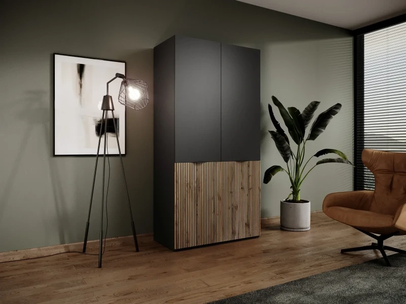 Szafa Sandbox Sento 100 cm ryflowana do sypialni czarny grafit/dąb wotan
