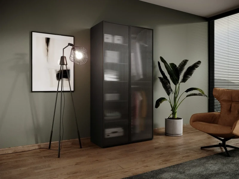 Szafa Sandbox Flutes 100 cm z drążkiem do sypialni czarny grafit/szkło półprzeźroczyste