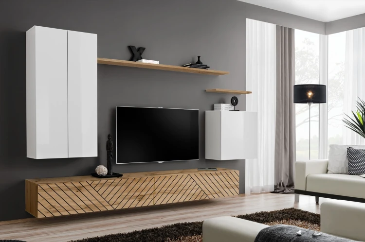 Meblościanka Switch Lamel II zestaw 7 elementów do salonu biały/wotan