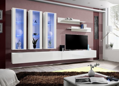 Meblościanka Fly E3 zestaw 7 elementów z oświetleniem LED do salonu biały/biały połysk