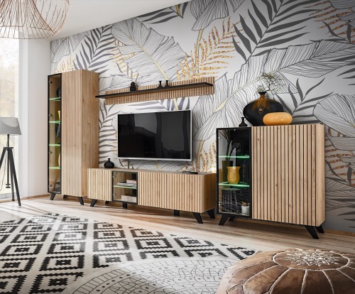 Meblościanka Liam z oświetleniem LED zestaw do salonu hickory jackson/czarny