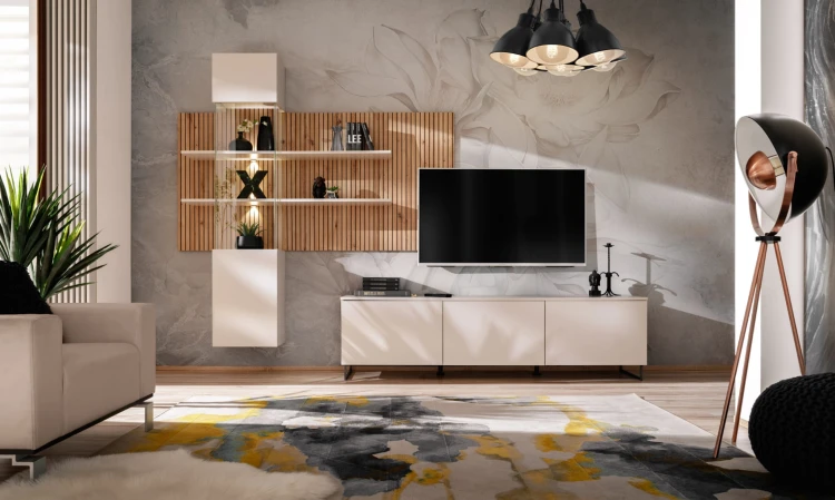 Meblościanka Gusto LUX A z oświetleniem LED do salonu kaszmir/dąb artisan