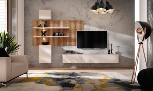 Meblościanka Gusto PW B z oświetleniem LED do salonu kaszmir/dąb artisan