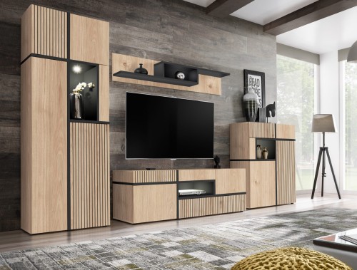 Meblościanka Cross z oświetleniem LED 4 elementy do salonu hickory jackson/czarny