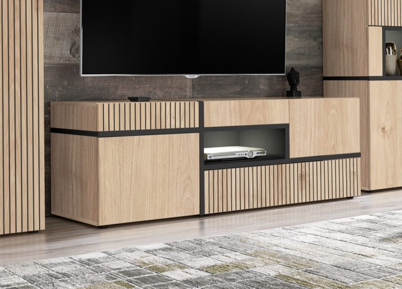 Szafka RTV Cross 150 cm z LED do salonu hickory jackson/czarny