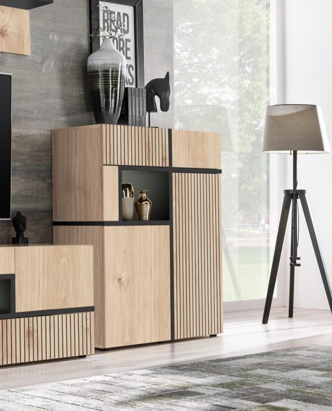 Witryna niska Cross 90 cm z LED do salonu hickory jackson/czarny