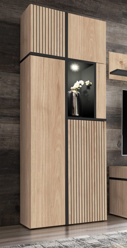 Witryna wysoka Cross 70 cm z LED do salonu hickory jackson/czarny