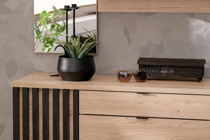 Zestaw mebli do przedpokoju Pedro III z dwudrzwiową szafą hickory jackson/czarny