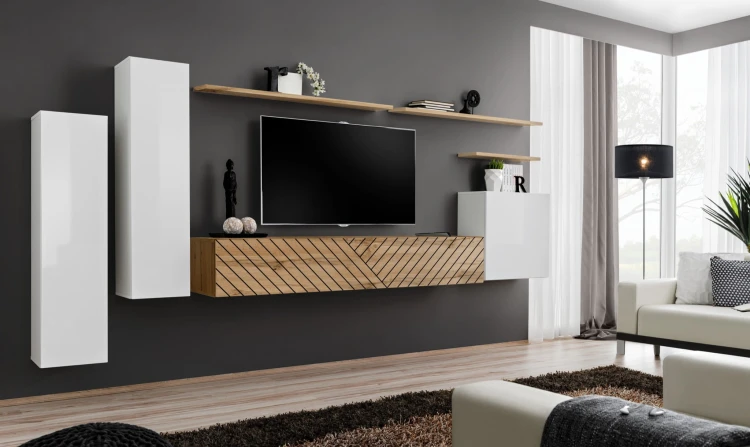 Meblościanka Switch Lamel I zestaw  7 elementów do salonu biały/wotan