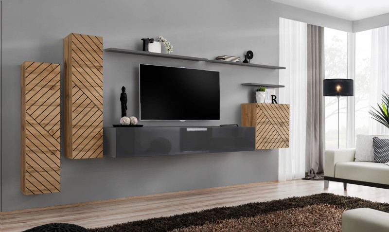 Meblościanka Switch Lamel I zestaw 7 elementów do salonu wotan/grafit