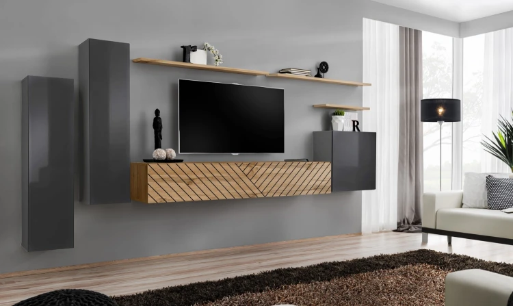 Meblościanka Switch Lamel I zestaw  7 elementów do salonu grafit/wotan