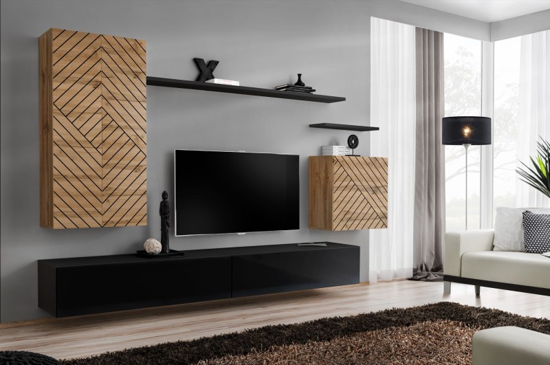 Meblościanka Switch Lamel II zestaw  7 elementów do salonu wotan/czarny