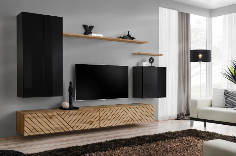 Meblościanka Switch Lamel II zestaw  7 elementów do salonu czarny/wotan