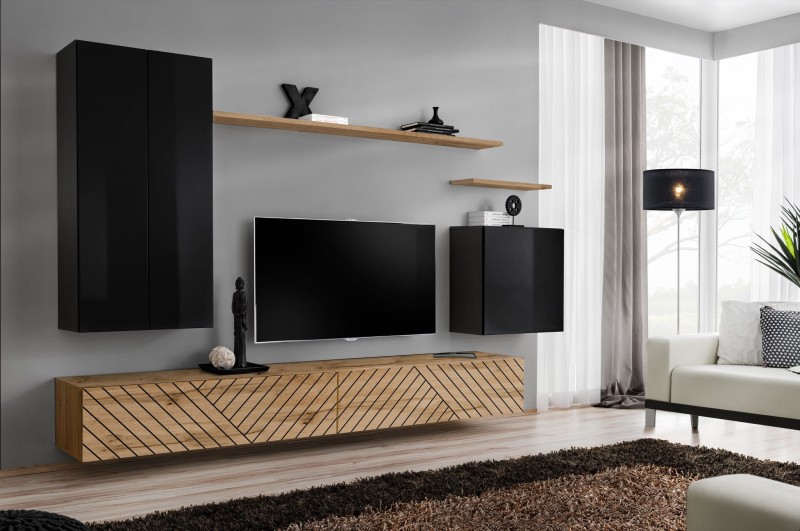 Meblościanka Switch Lamel II zestaw  7 elementów do salonu czarny/wotan
