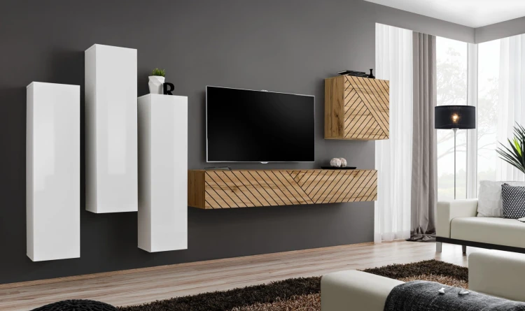 Meblościanka Switch Lamel III zestaw 5 elementów do salonu biały/wotan