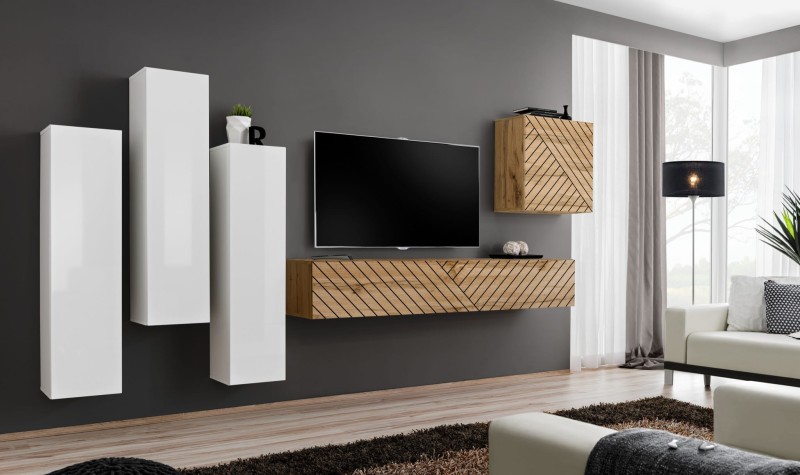 Meblościanka Switch Lamel III zestaw 5 elementów do salonu biały/wotan