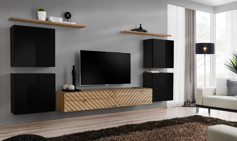 Meblościanka Switch Lamel IV zestaw 7 elementów do salonu czarny/wotan