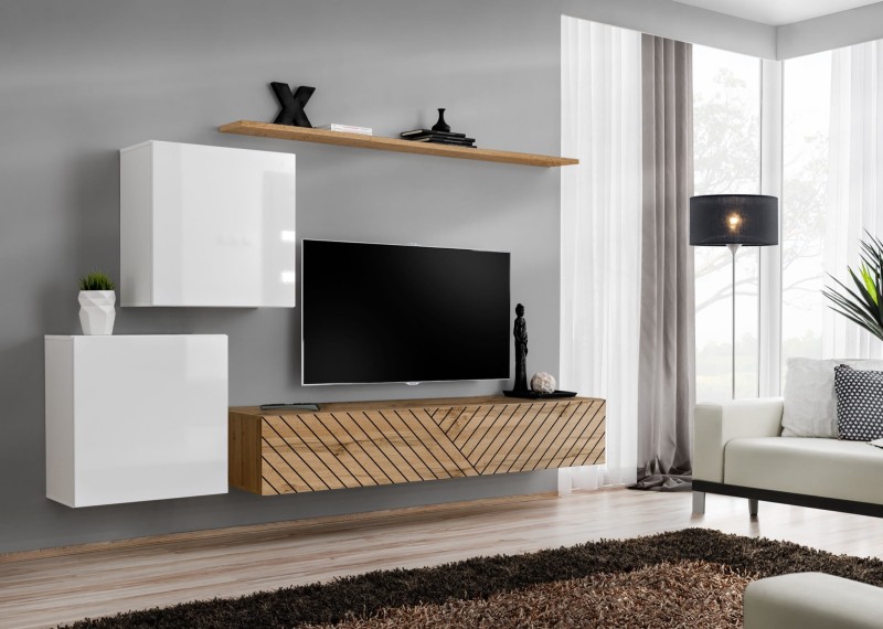 Meblościanka Switch Lamel V zestaw  4 elementy do salonu biały/wotan