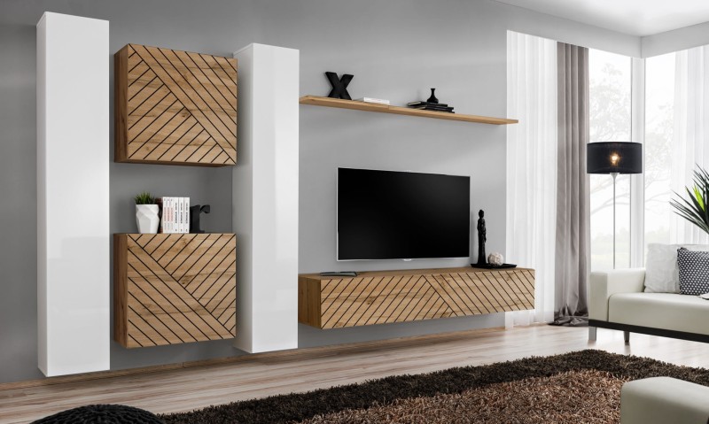 Meblościanka Switch Lamel VI zestaw 6 elementów do salonu biały/wotan