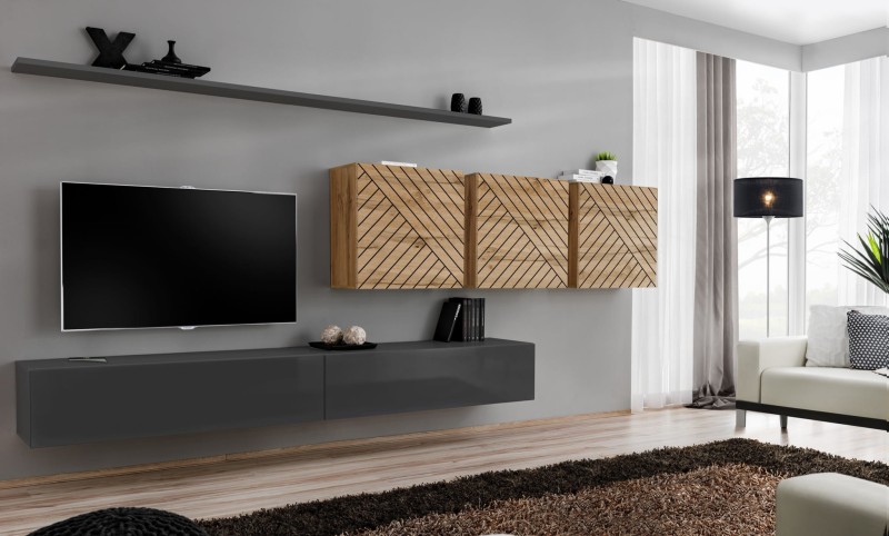 Meblościanka Switch Lamel VII zestaw 7 elementów do salonu grafit/wotan