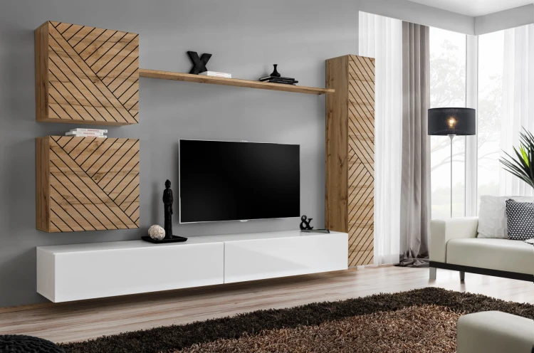 Meblościanka Switch Lamel VIII zestaw z frezowanymi frontami 6 elementów do salonu wotan/biały