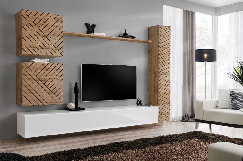 Meblościanka Switch Lamel VIII zestaw z frezowanymi frontami 6 elementów do salonu wotan/biały