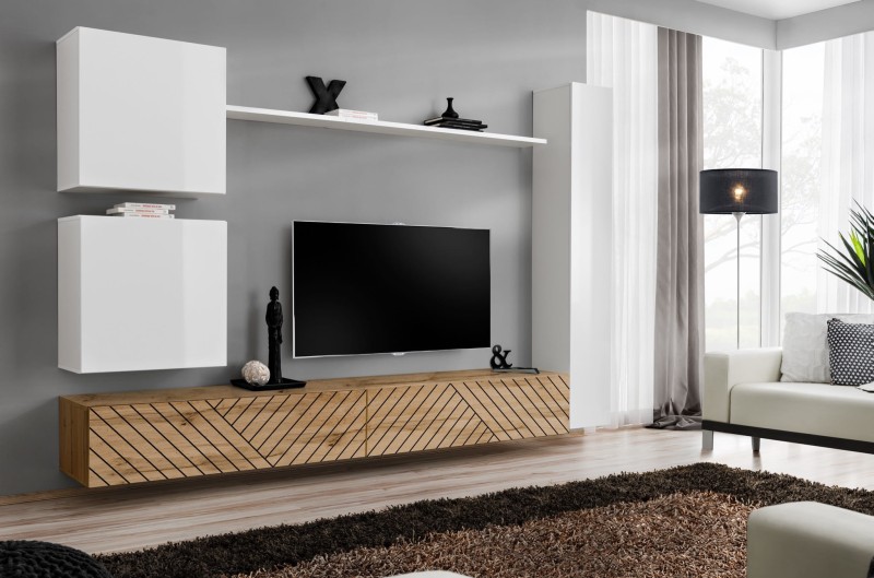 Meblościanka Switch Lamel VIII zestaw z frezowanymi frontami 6 elementów do salonu biały/wotan