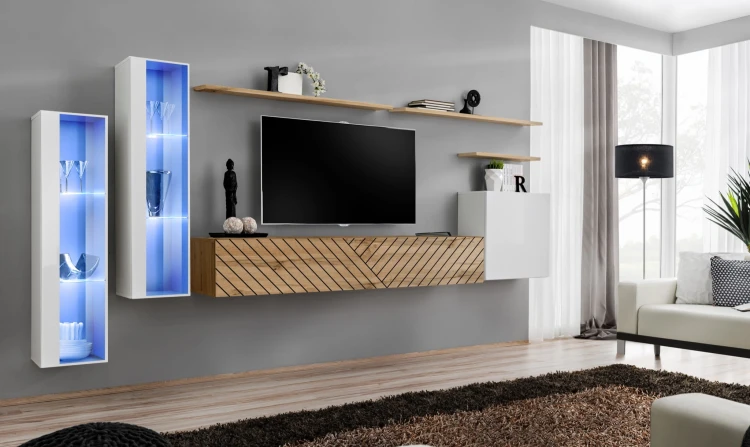 Meblościanka Switch Lamel XI zestaw z oświetleniem LED do salonu biały/wotan
