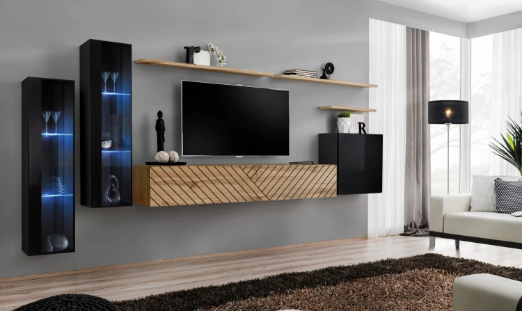 Meblościanka Switch Lamel XI zestaw z oświetleniem LED do salonu czarny/wotan