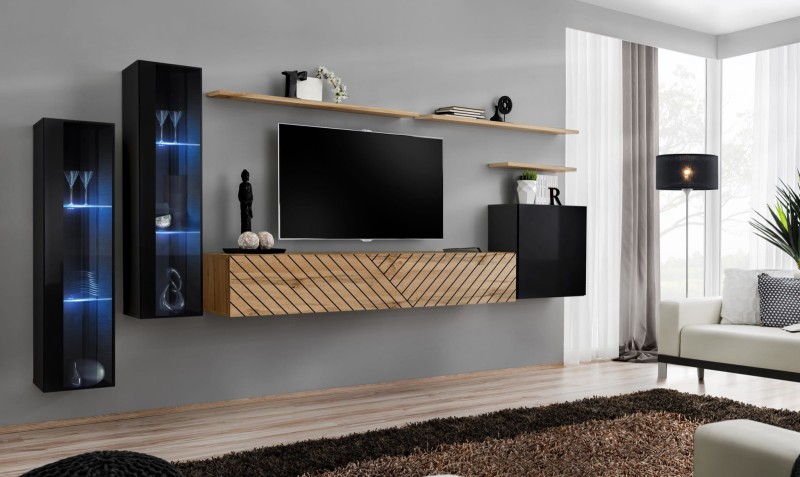 Meblościanka Switch Lamel XI zestaw z oświetleniem LED do salonu czarny/wotan