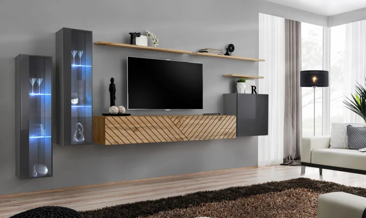 Meblościanka Switch Lamel XI zestaw z oświetleniem LED  do salonu grafit/wotan