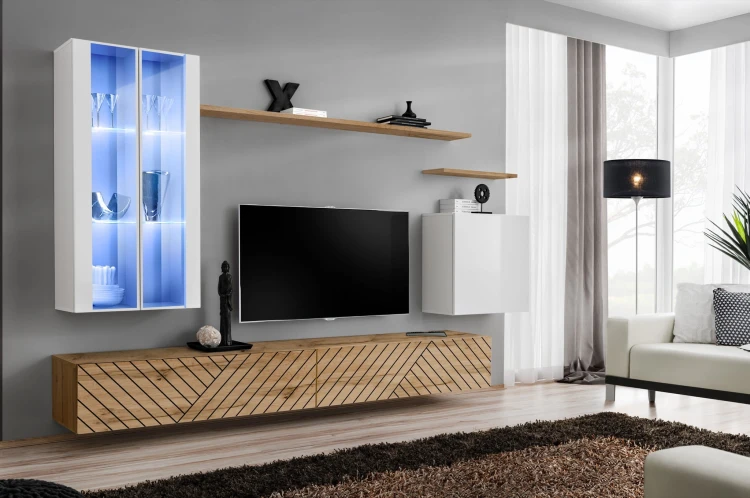 Meblościanka Switch Lamel XII zestaw z oświetleniem LED do salonu biały/wotan