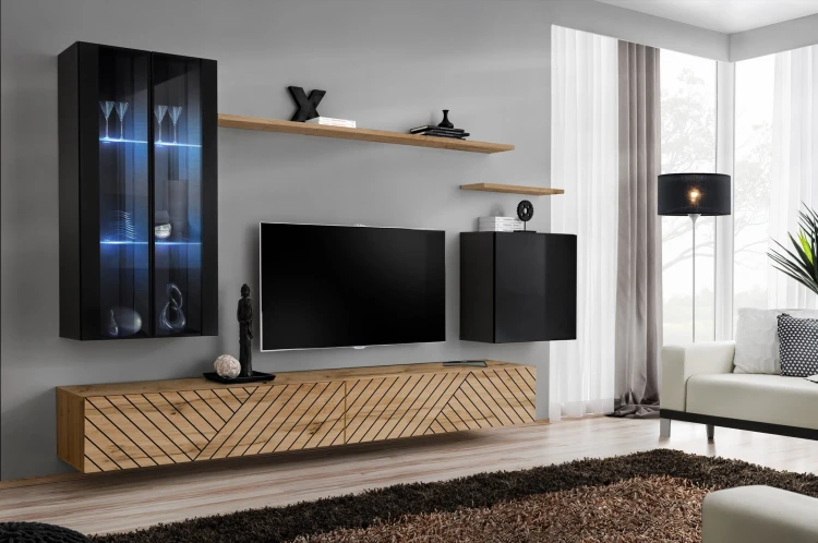 Meblościanka Switch Lamel XII zestaw z oświetleniem LED do salonu czarny/wotan