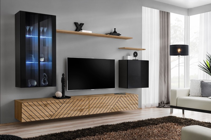 Meblościanka Switch Lamel XII zestaw z oświetleniem LED do salonu czarny/wotan