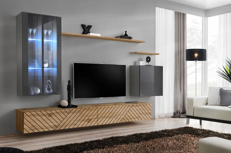 Meblościanka Switch Lamel XII zestaw z oświetleniem LED do salonu grafit/wotan