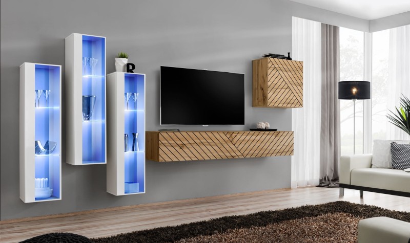 Meblościanka Switch Lamel XIII zestaw z oświetleniem LED do salonu biały/wotan