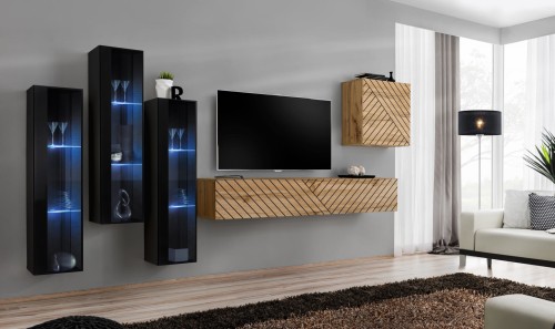 Meblościanka Switch Lamel XIII zestaw z oświetleniem LED do salonu czarny/wotan