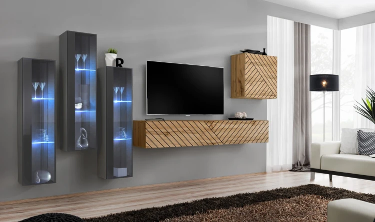 Meblościanka Switch Lamel XIII zestaw z oświetleniem LED do salonu grafit/wotan