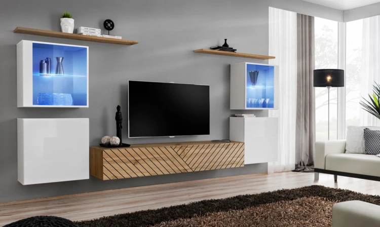 Meblościanka Switch Lamel XIV zestaw z oświetleniem LED  do salonu biały/wotan